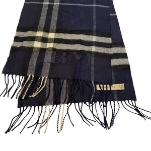 Burberry Scarf 100% Cashmere Navy Check Plaid 168x30cm Made in Scotland